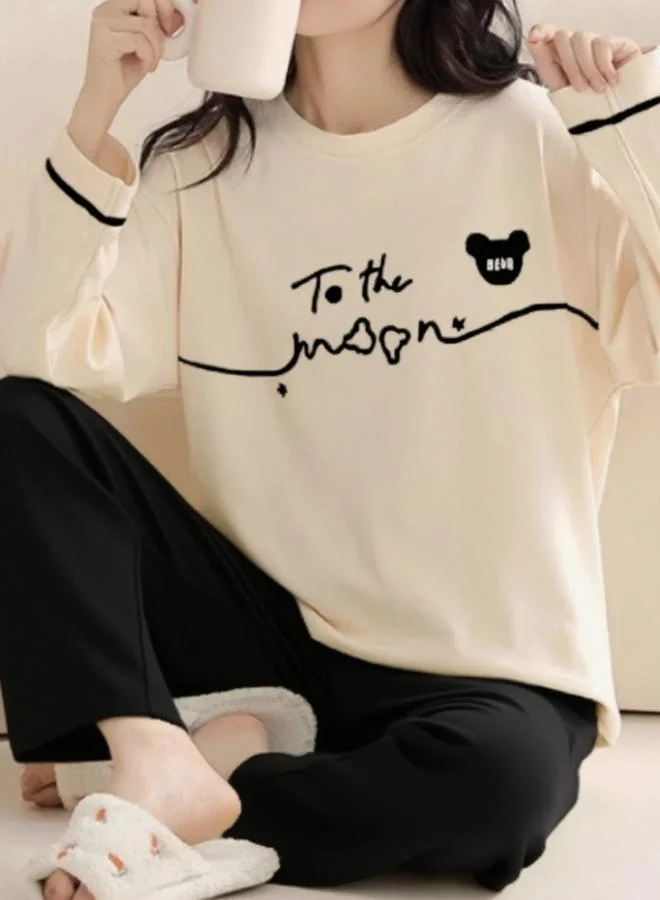 Take Two black Black Graphic Print Long Sleeve T-Shirt and Pyjama Set for Women | Best Price UAE